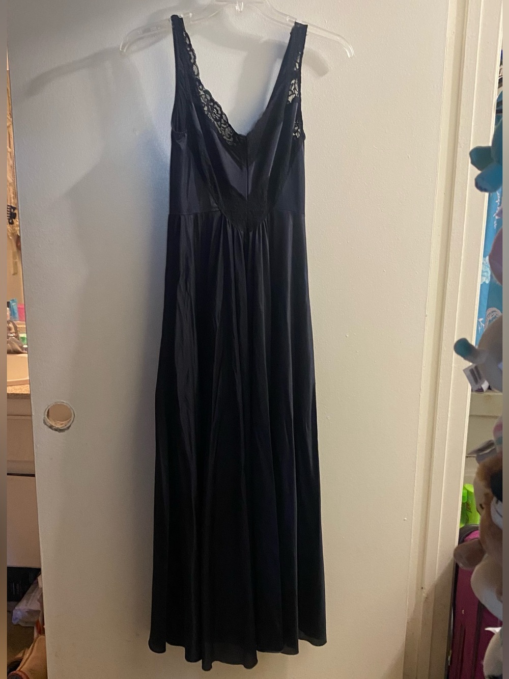 Vintage Undercover Wear Womens L M 36” Black Maxi Slip Dress V Lace Full Sweep